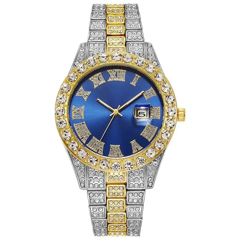 Luxury Men's Gold Steel Quartz Watch – Roman Numeral, Calendar